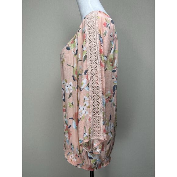 Hope & Harlow Women’s Size XL Peach Floral Top Gathered Neck Elastic Waist - Picture 7 of 13